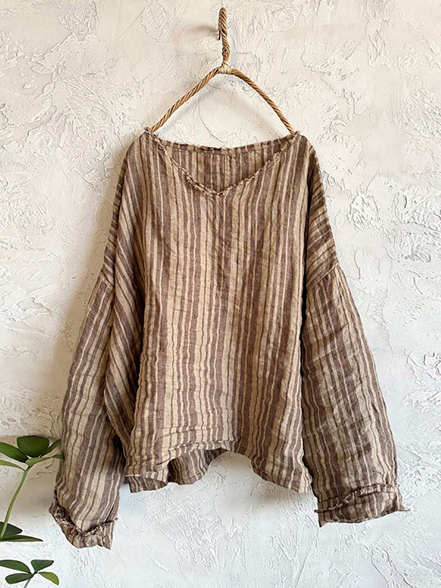Chemise d'été rétro pour femme, col en V, rayures, lin