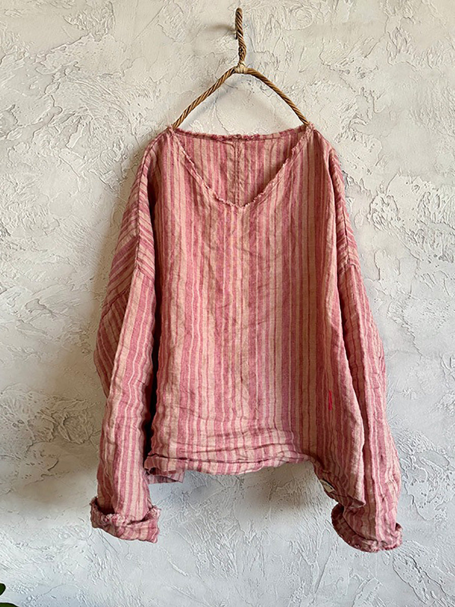Chemise d'été rétro pour femme, col en V, rayures, lin