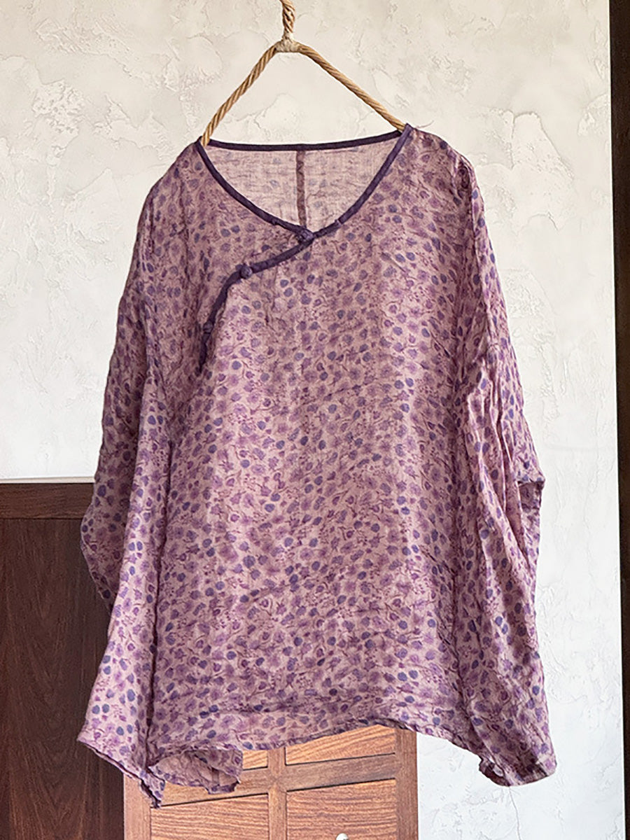 Shirt Damen Floral O-Ausschnitt Ramie Sommer Artsy