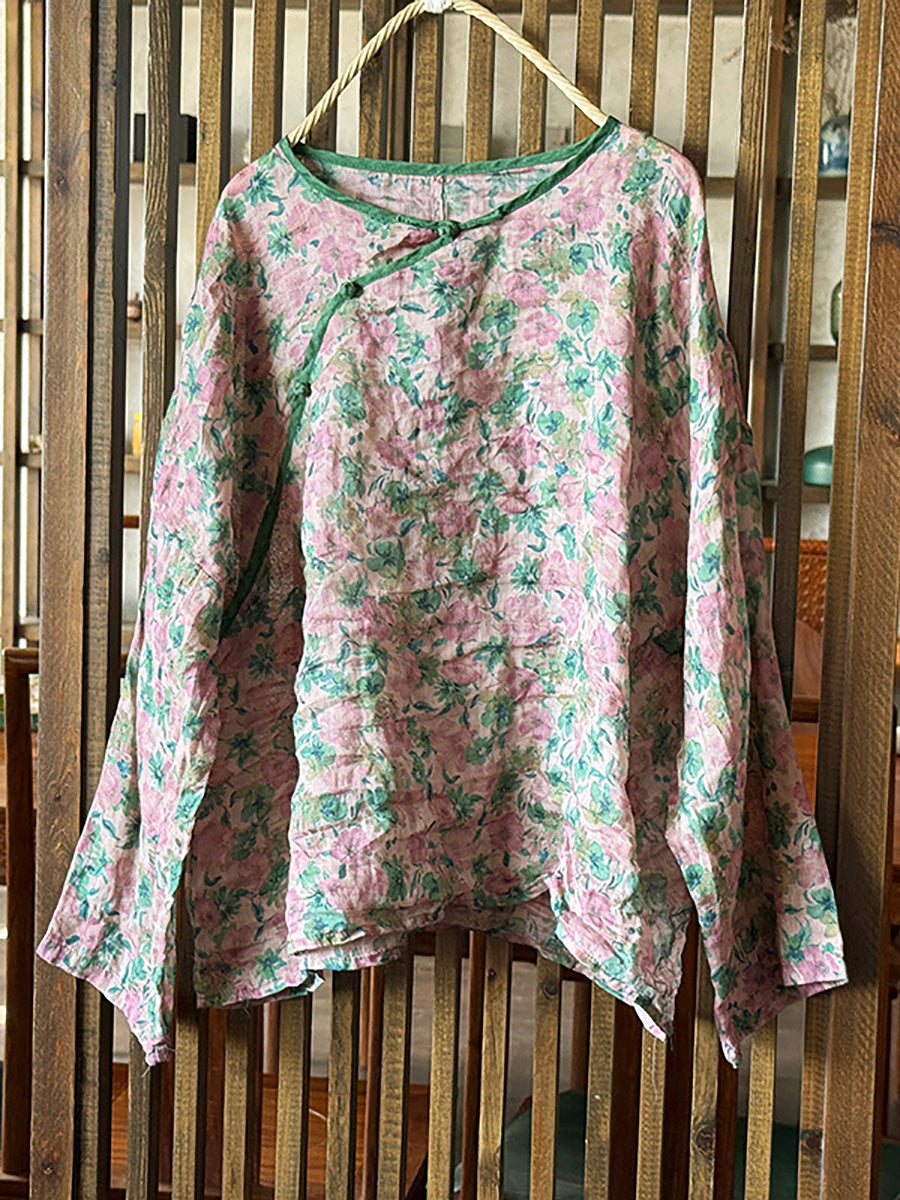 Shirt Damen Floral O-Ausschnitt Ramie Sommer Artsy