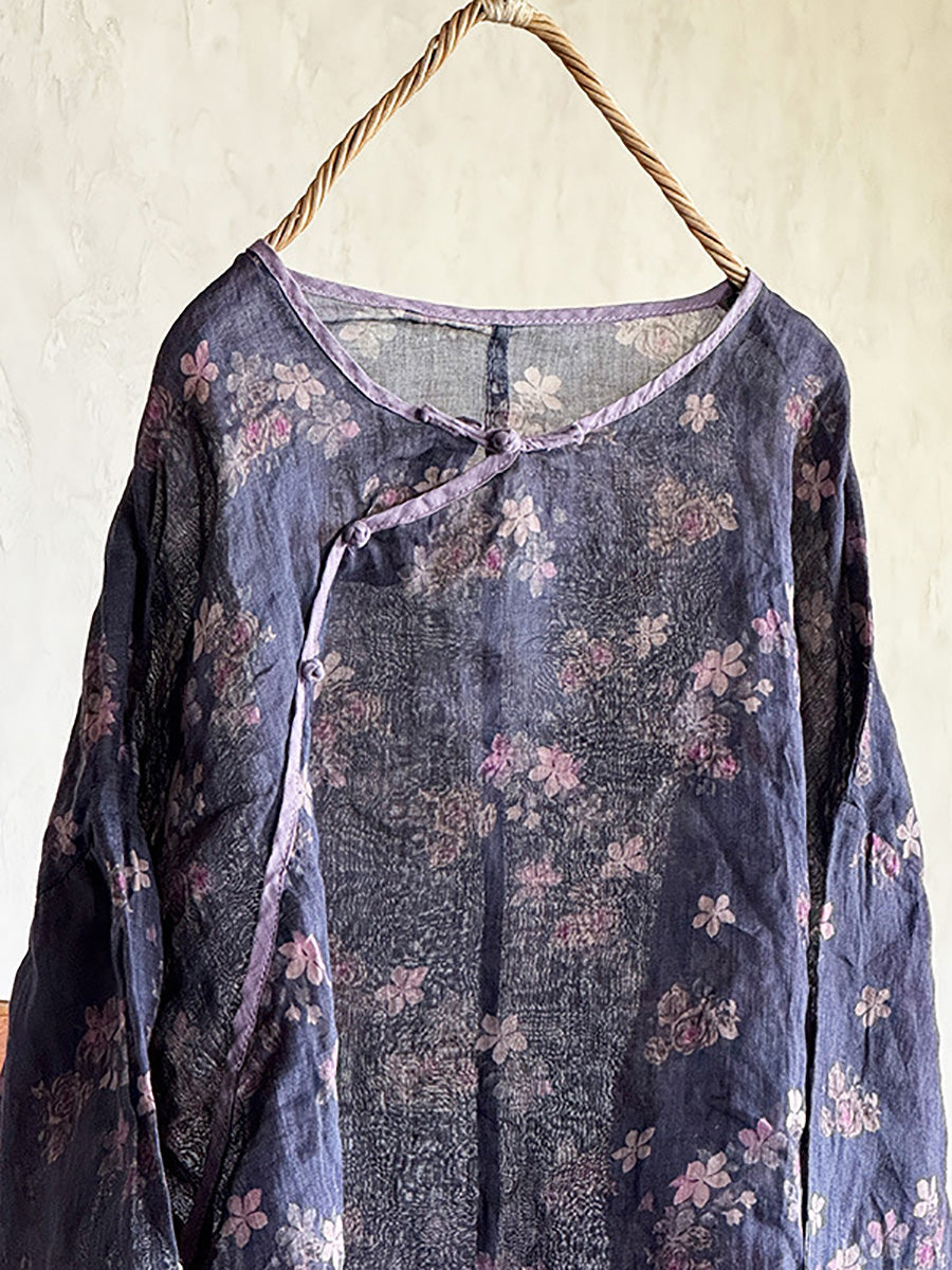 Shirt Damen Floral O-Ausschnitt Ramie Sommer Artsy