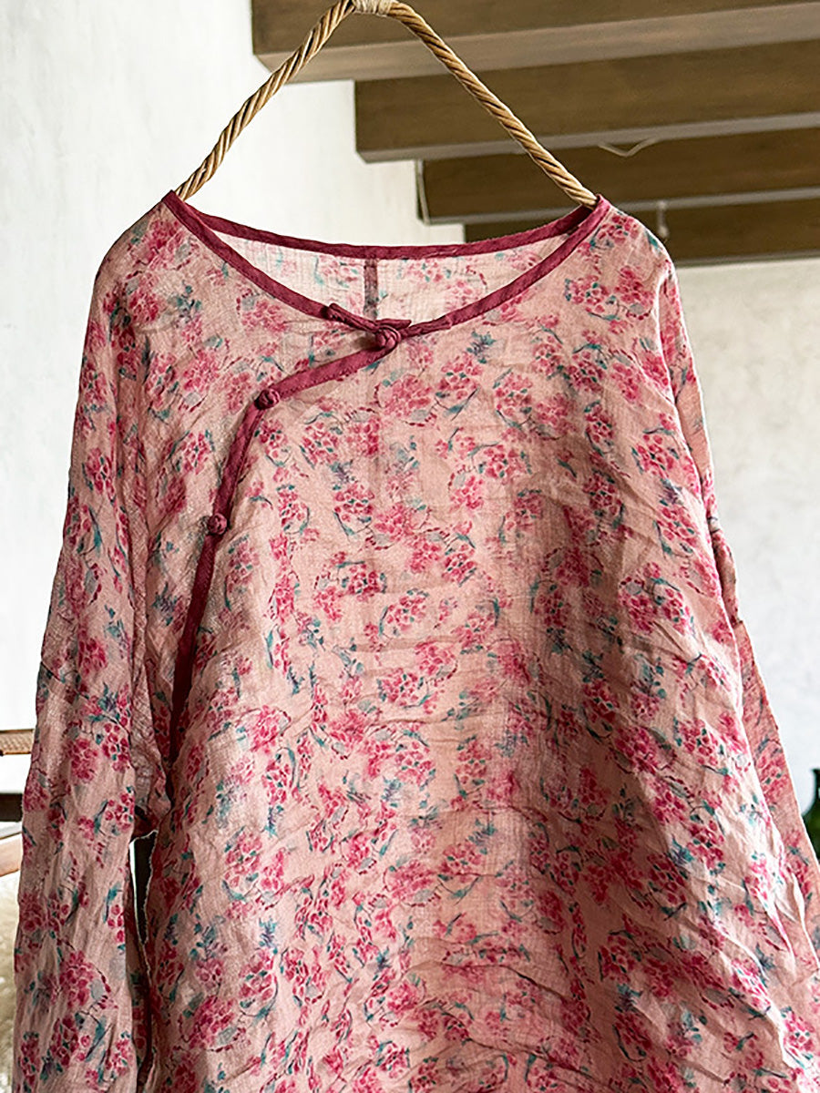 Shirt Damen Floral O-Ausschnitt Ramie Sommer Artsy