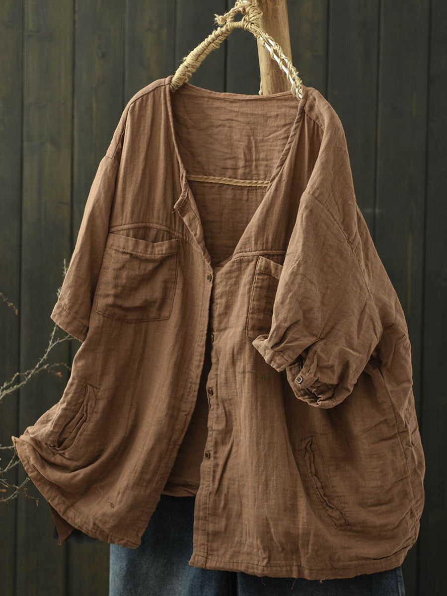 Chemise d'été en coton à col en V pour femme, couleur pure 