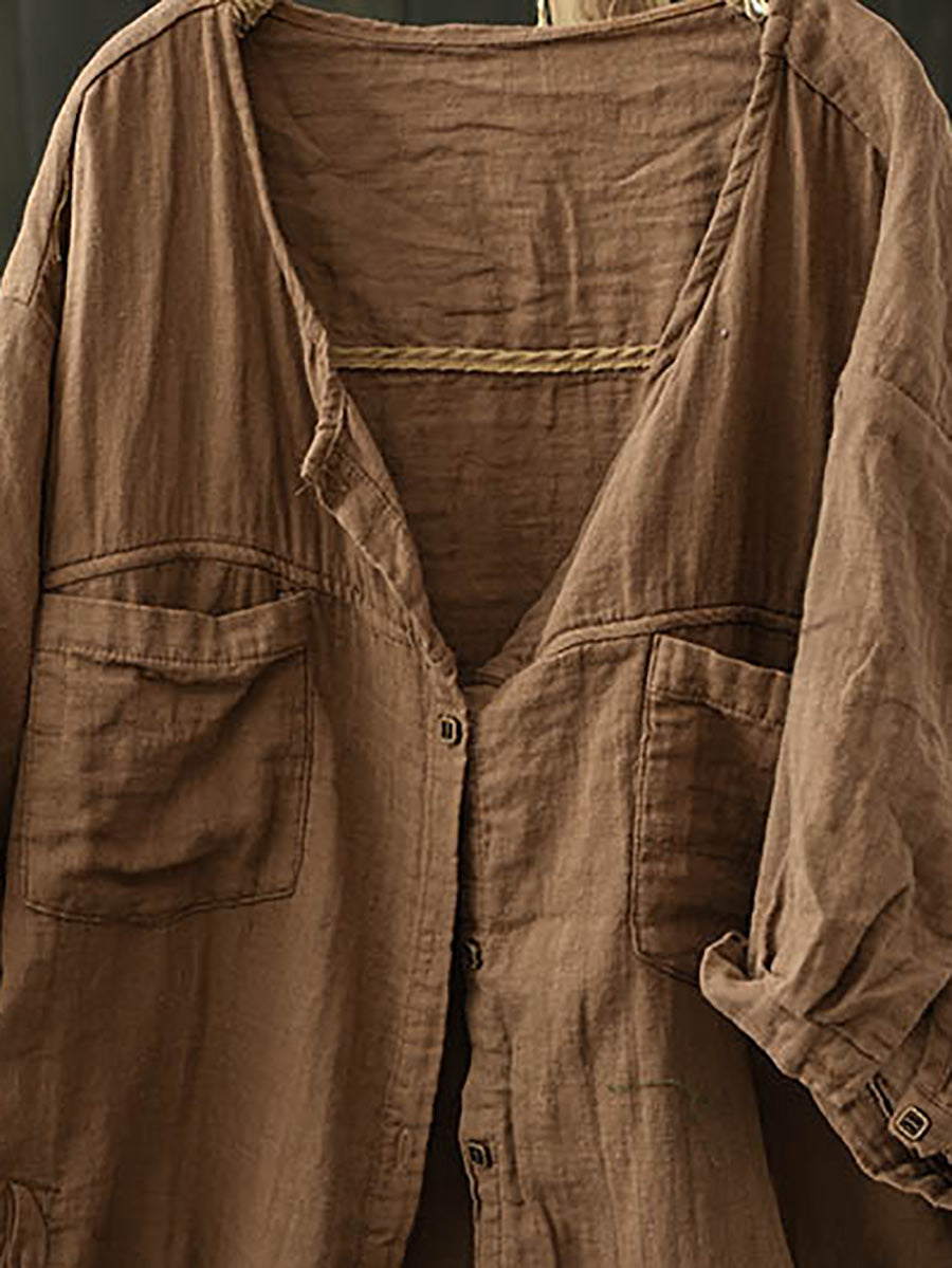 Chemise d'été en coton à col en V pour femme, couleur pure 