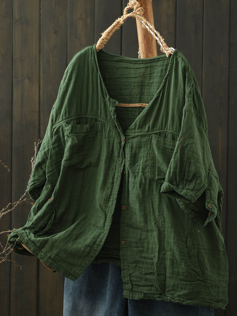 Chemise d'été en coton à col en V pour femme, couleur pure 