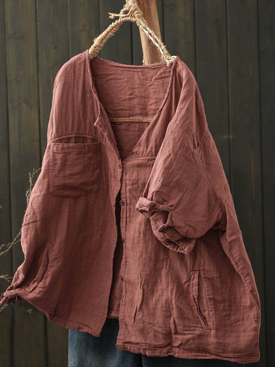 Chemise d'été en coton à col en V pour femme, couleur pure 
