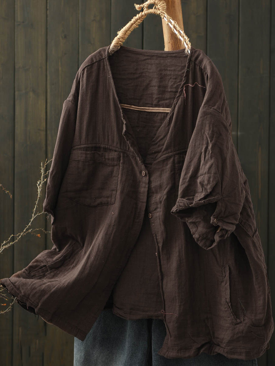 Chemise d'été en coton à col en V pour femme, couleur pure 