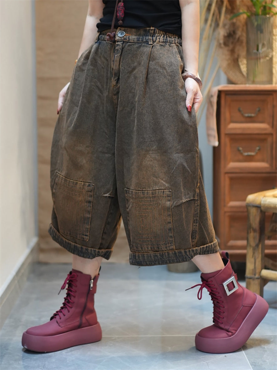 Women Denim Pants Wide-leg Worn Cropped