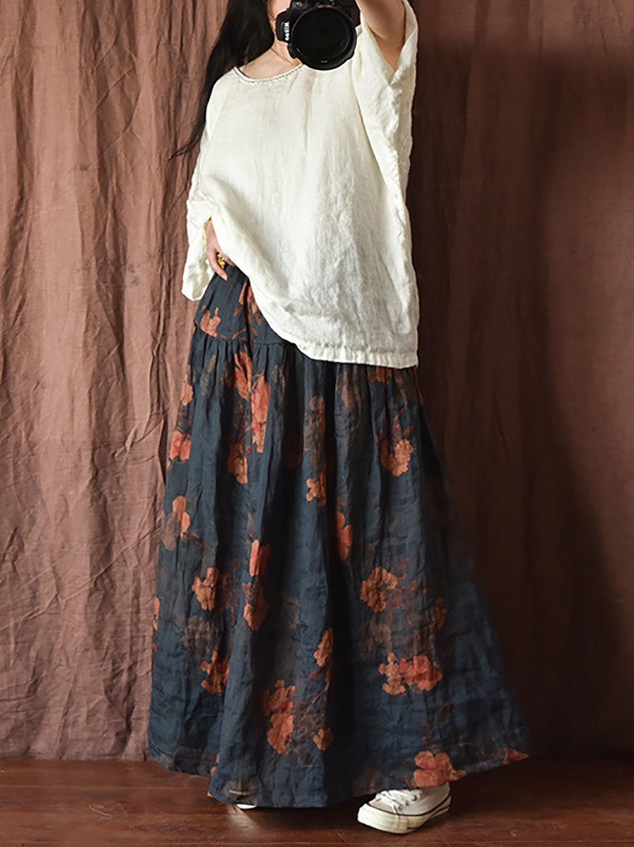 Jupe Ramie Fleur Femme Été Ample Vintage 