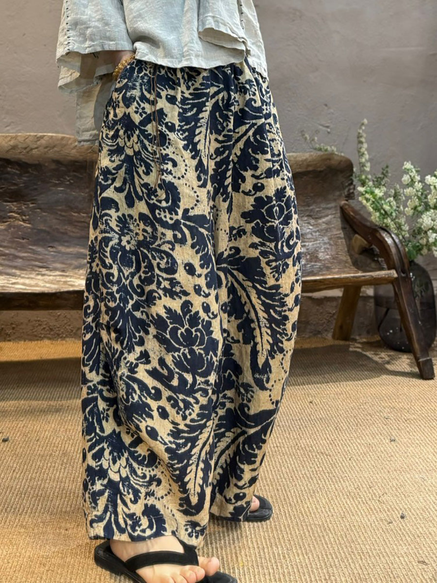 Retro Frauen Leinen Blume Hosen Sommer Weites Bein