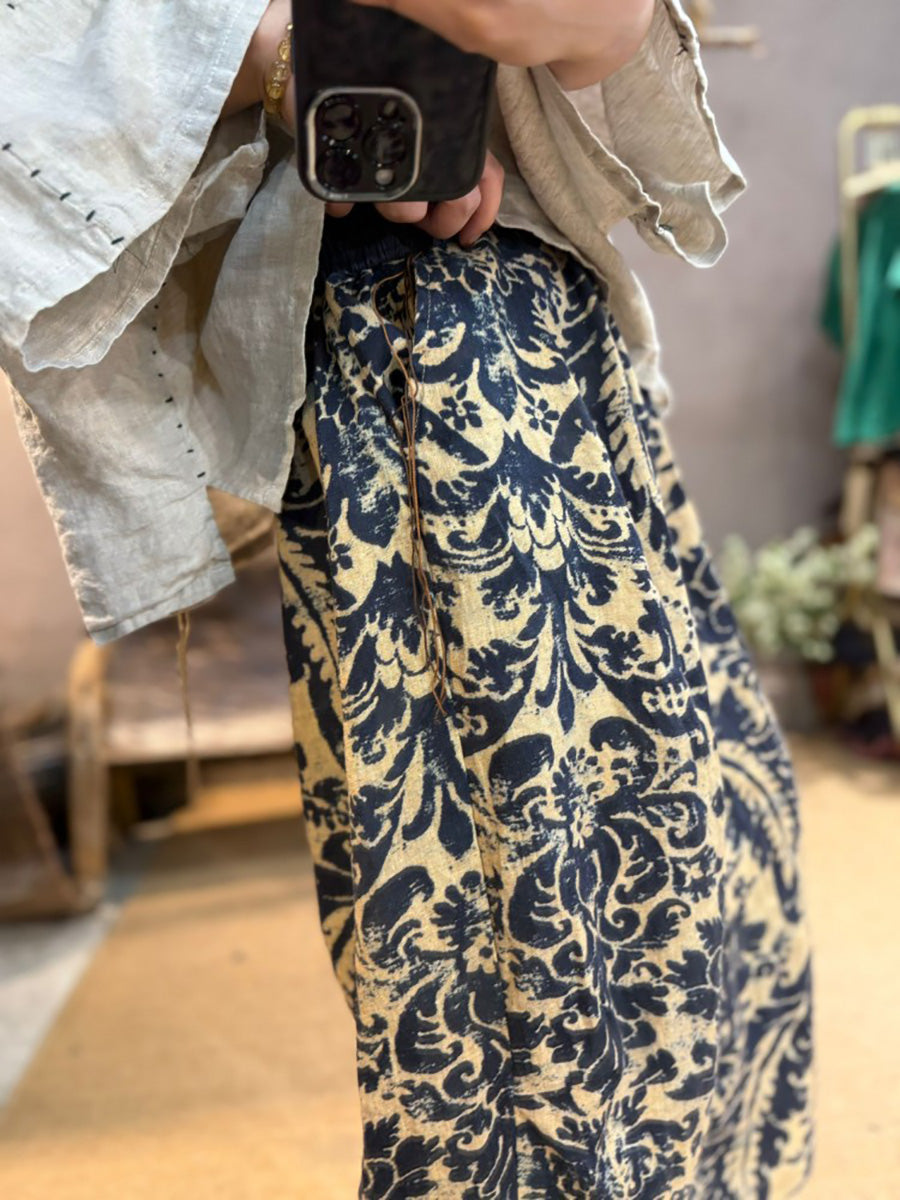 Retro Frauen Leinen Blume Hosen Sommer Weites Bein