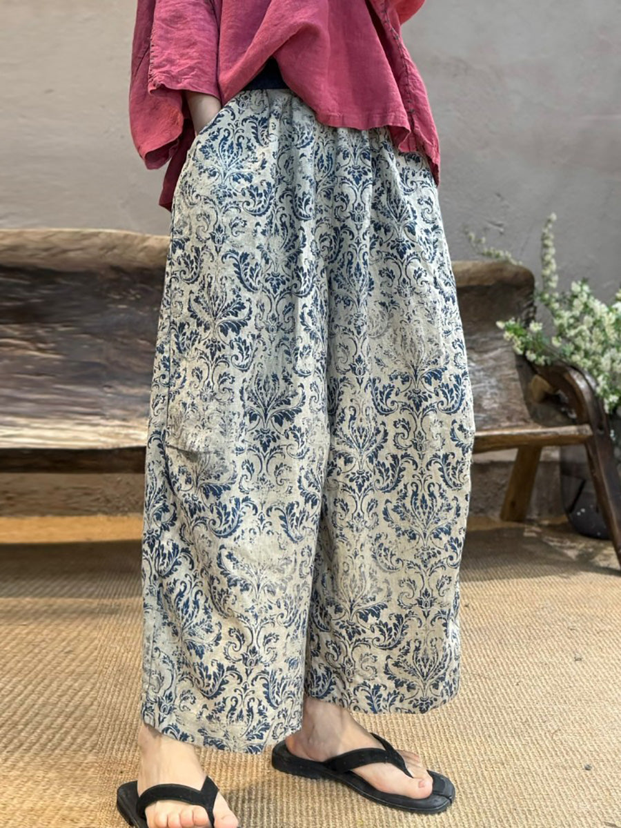 Retro Frauen Leinen Blume Hosen Sommer Weites Bein