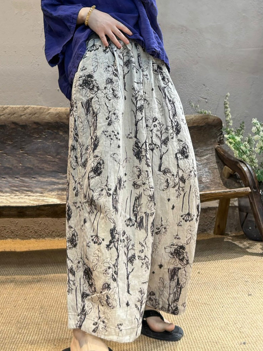 Retro Frauen Leinen Blume Hosen Sommer Weites Bein