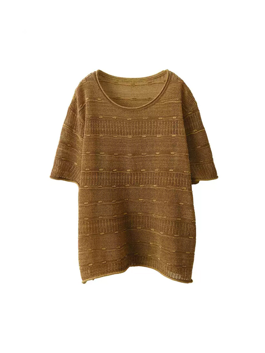 Chemise d'été à rayures et col rond, tricotée et décontractée pour femme