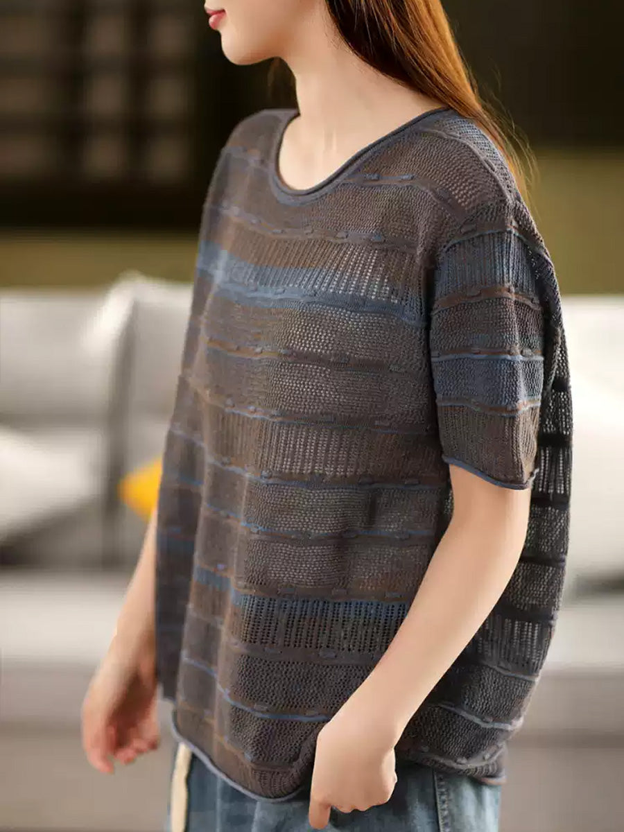 Chemise d'été à rayures et col rond, tricotée et décontractée pour femme