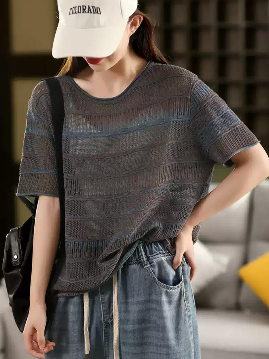 Chemise d'été à rayures et col rond, tricotée et décontractée pour femme