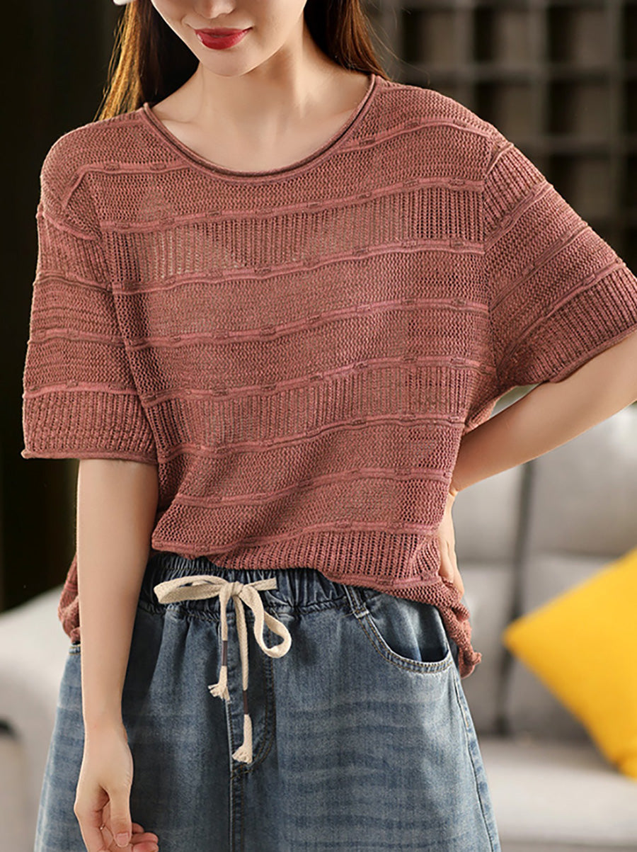 Chemise d'été à rayures et col rond, tricotée et décontractée pour femme