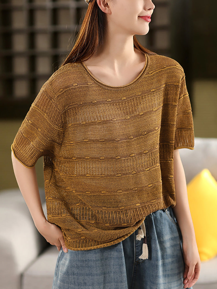 Chemise d'été à rayures et col rond, tricotée et décontractée pour femme