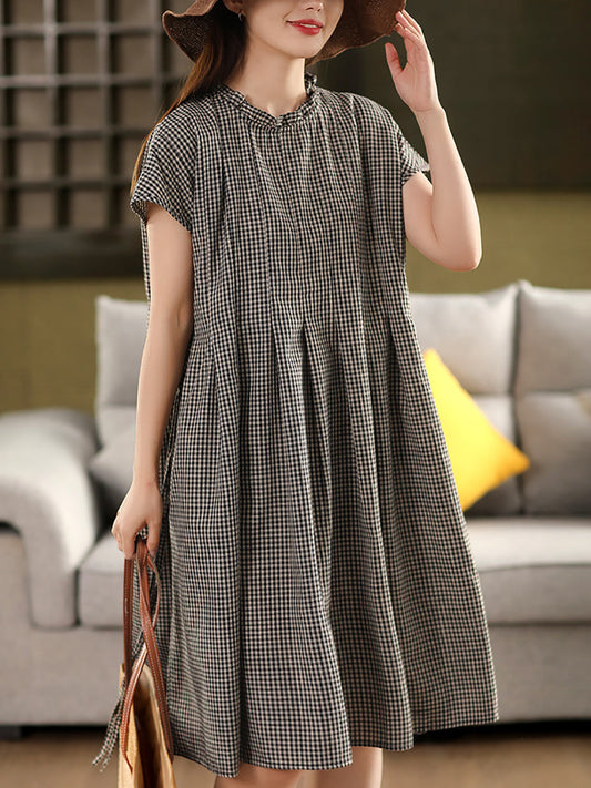 Robe à carreaux vintage 100 % coton pour femme, col montant, été