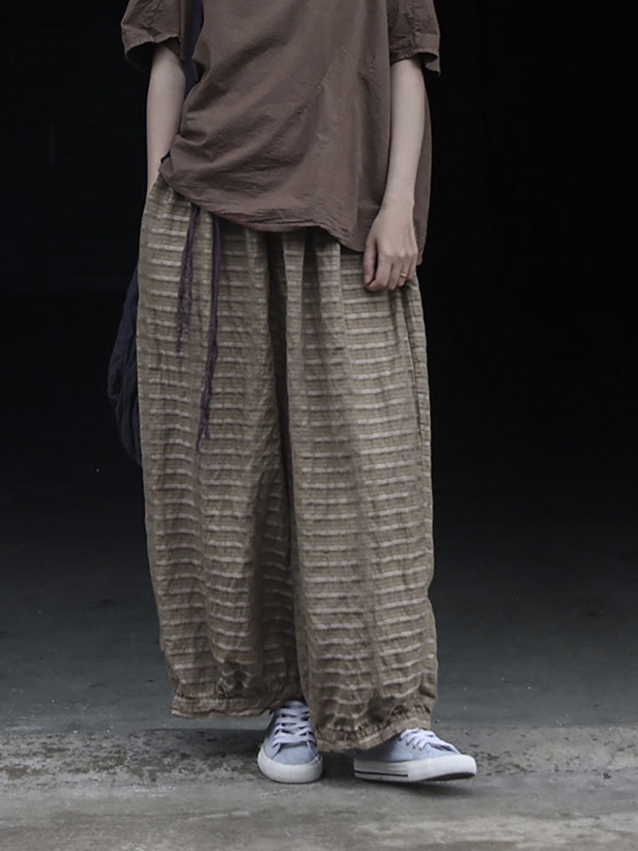 Summer Women Stripe Pants Wide-leg Retro Ramie