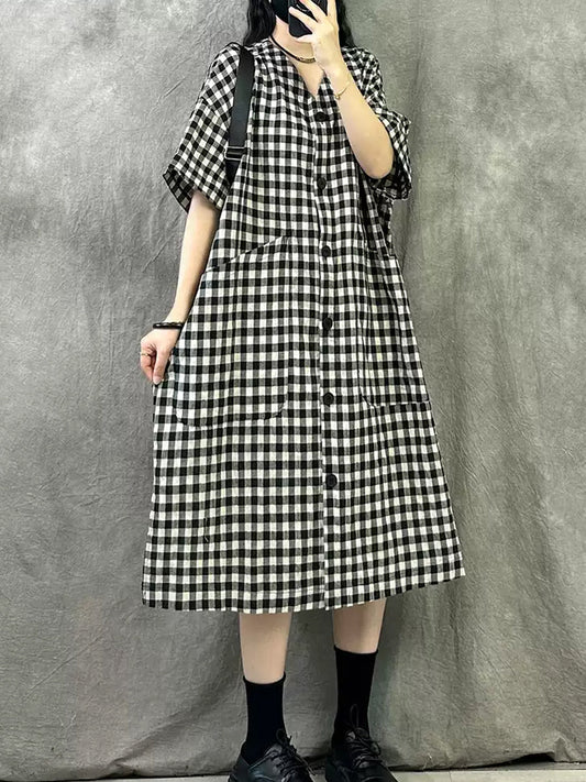 Robe d'été à col en V pour femme, style vintage à carreaux