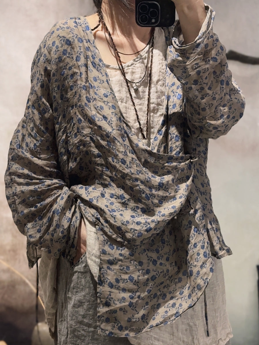 Chemise vintage à rayures et fleurs, col en V, pour femme, en ramie