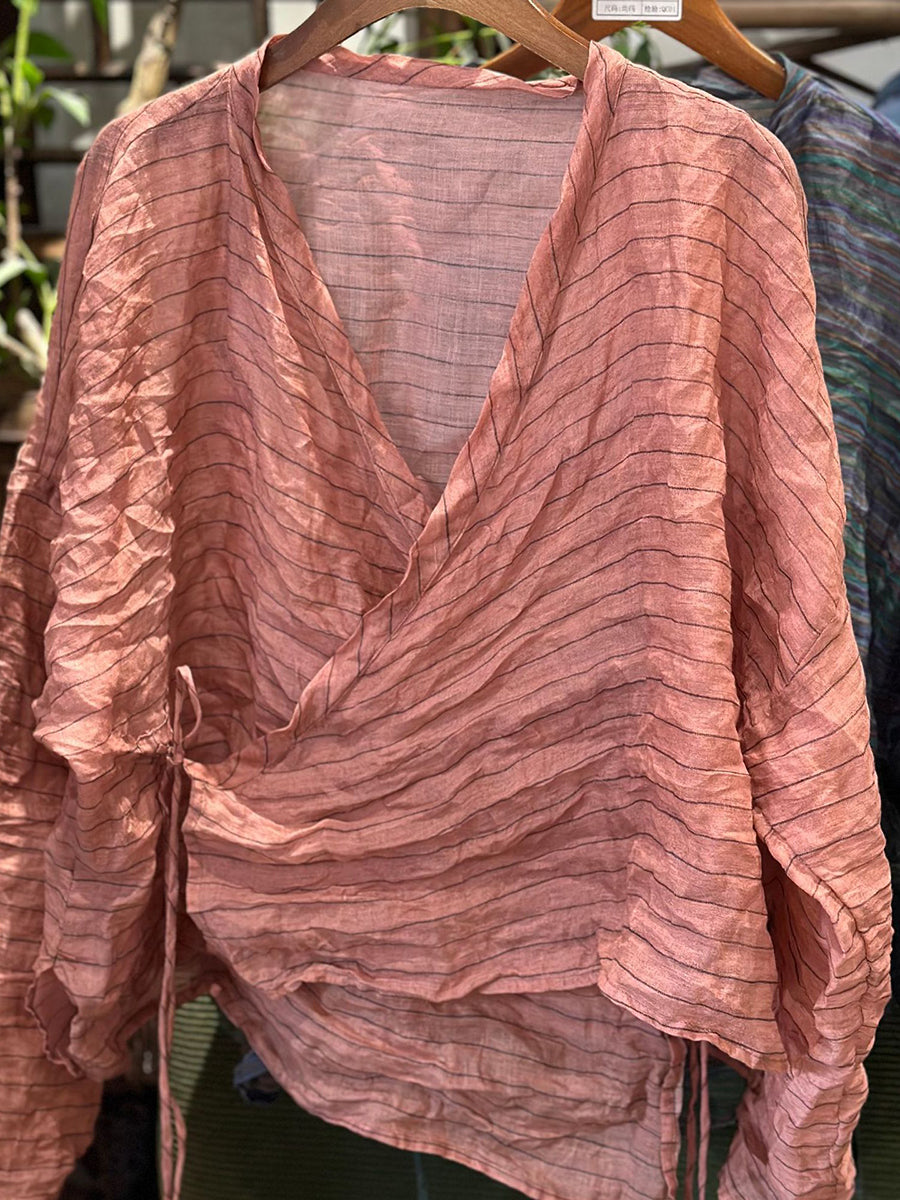 Chemise vintage à rayures et fleurs, col en V, pour femme, en ramie