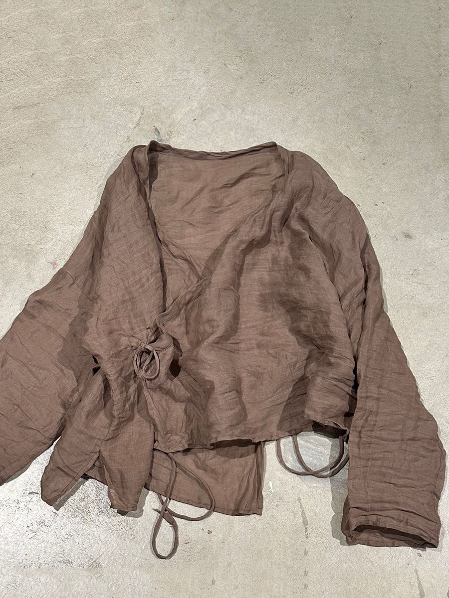 Chemise vintage à rayures et fleurs, col en V, pour femme, en ramie