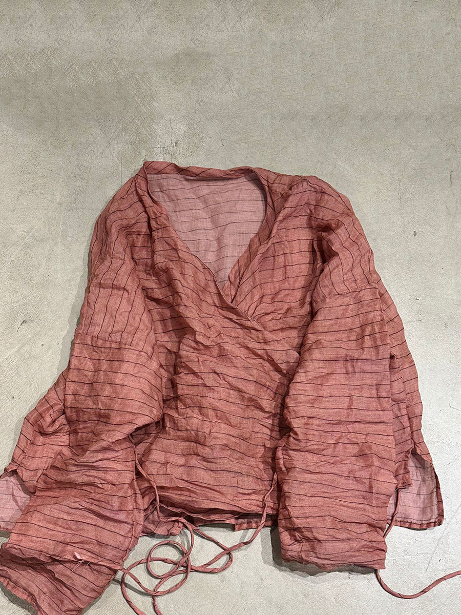 Chemise vintage à rayures et fleurs, col en V, pour femme, en ramie