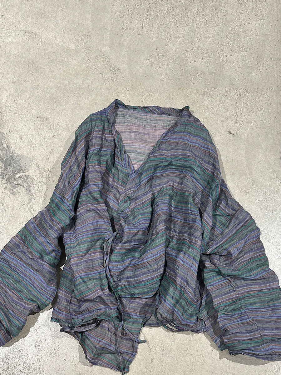 Chemise vintage à rayures et fleurs, col en V, pour femme, en ramie