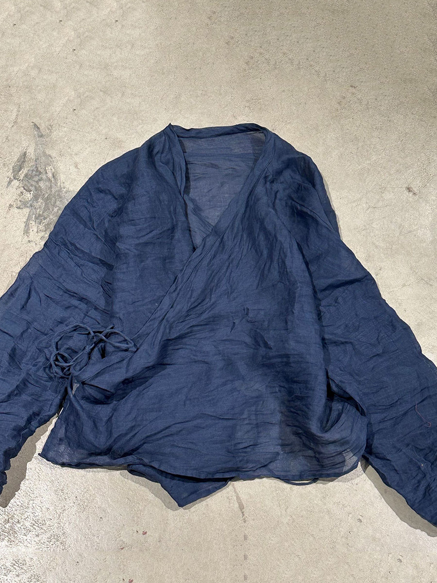 Chemise vintage à rayures et fleurs, col en V, pour femme, en ramie
