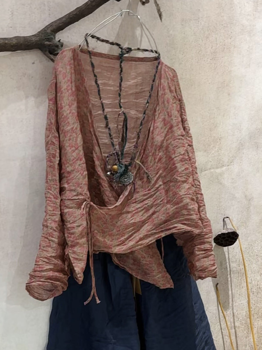 Chemise vintage à rayures et fleurs, col en V, pour femme, en ramie