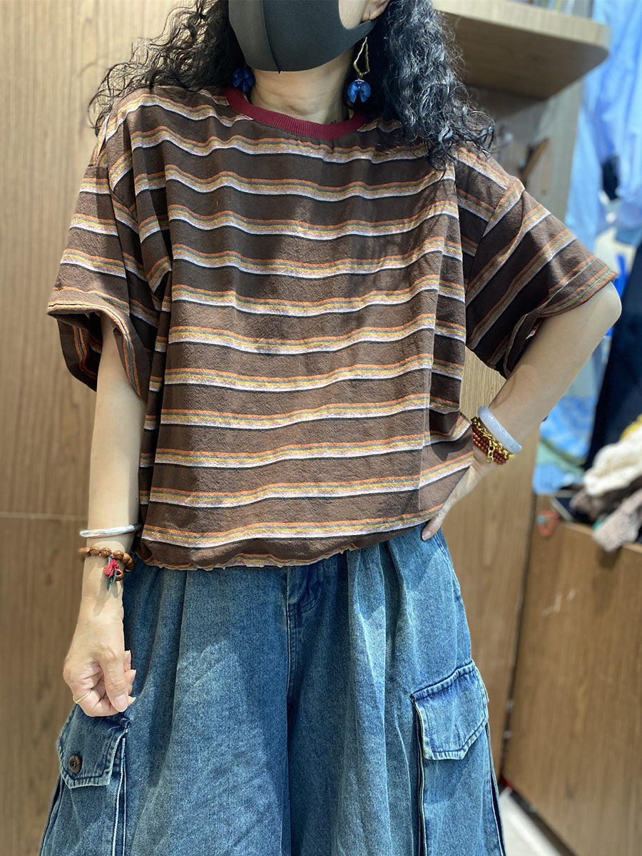Chemise d'été rétro à rayures en coton et col rond pour femme 