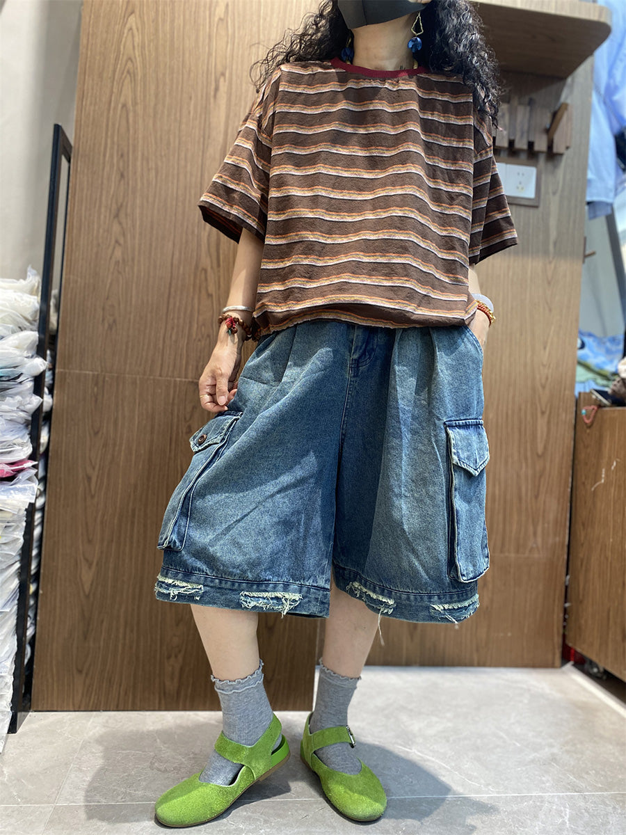 Chemise d'été rétro à rayures en coton et col rond pour femme 