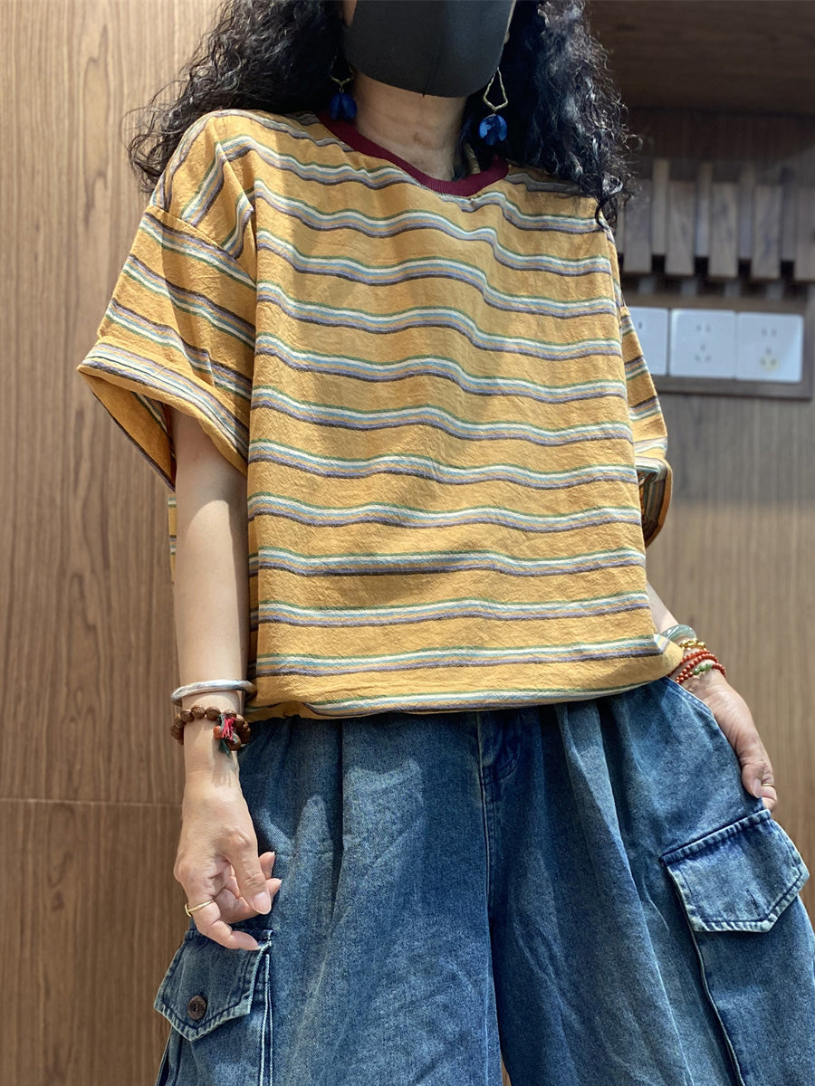 Chemise d'été rétro à rayures en coton et col rond pour femme 