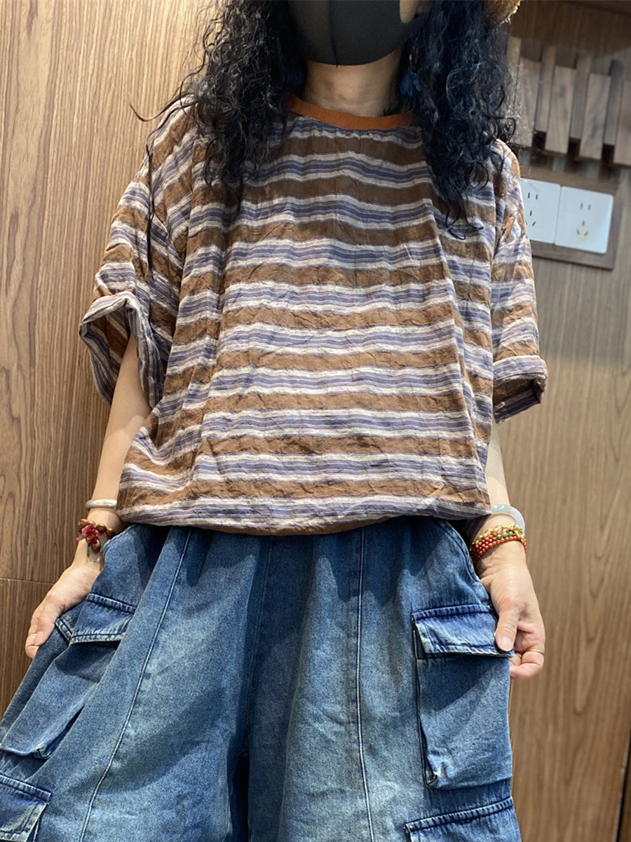 Chemise d'été rétro à rayures en coton et col rond pour femme 