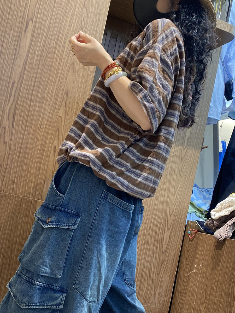 Chemise d'été rétro à rayures en coton et col rond pour femme 