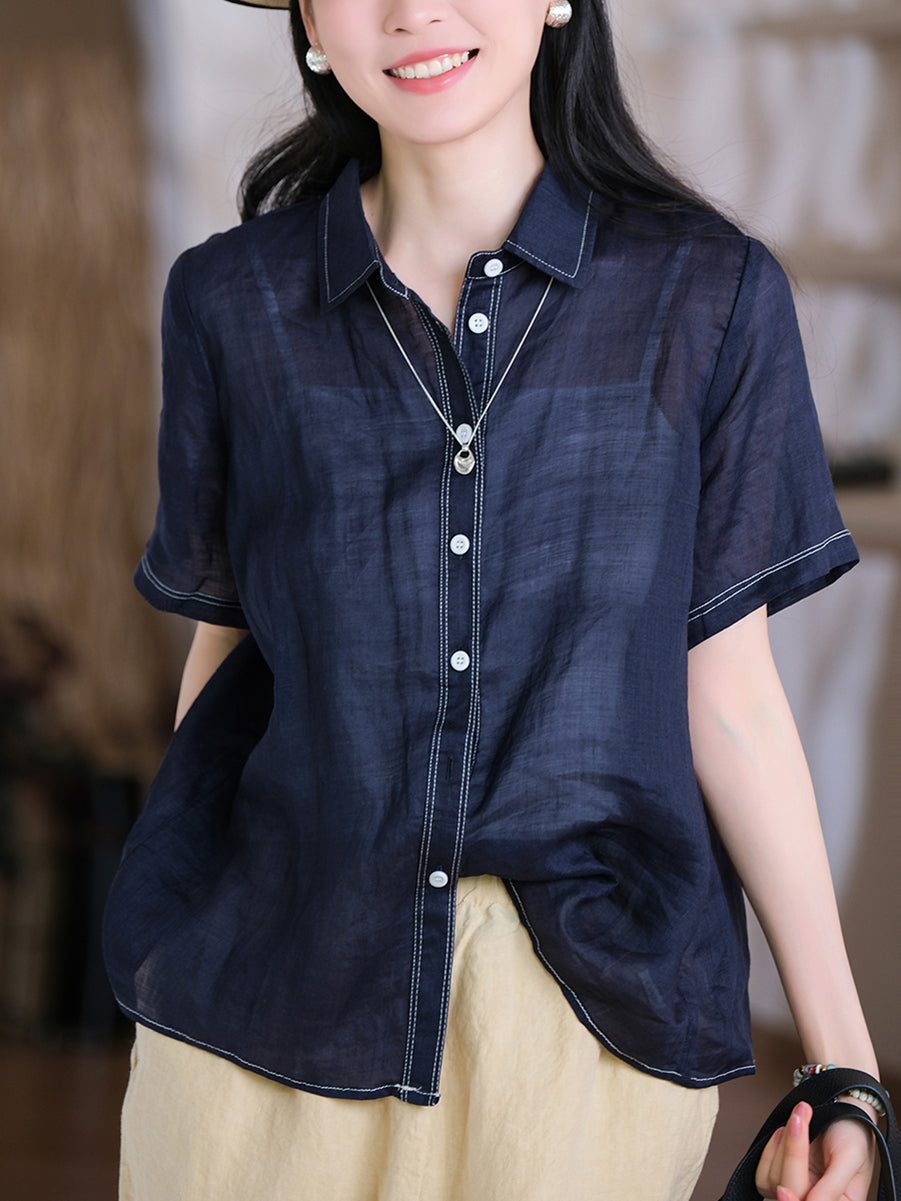 Collar Turn-down Summer Women Shirt Color Pure 100%Ramie