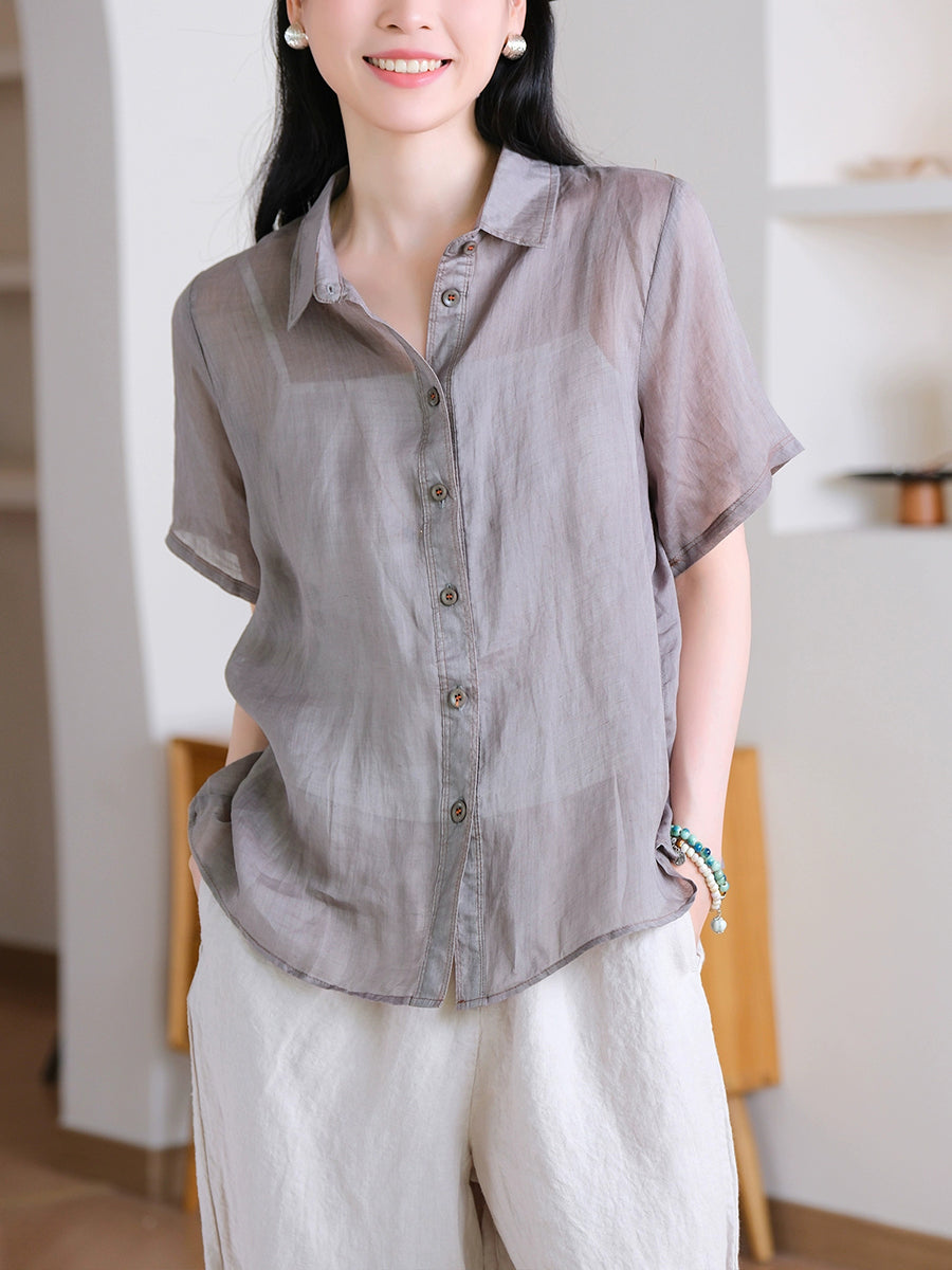 Collar Turn-down Summer Women Shirt Color Pure 100%Ramie