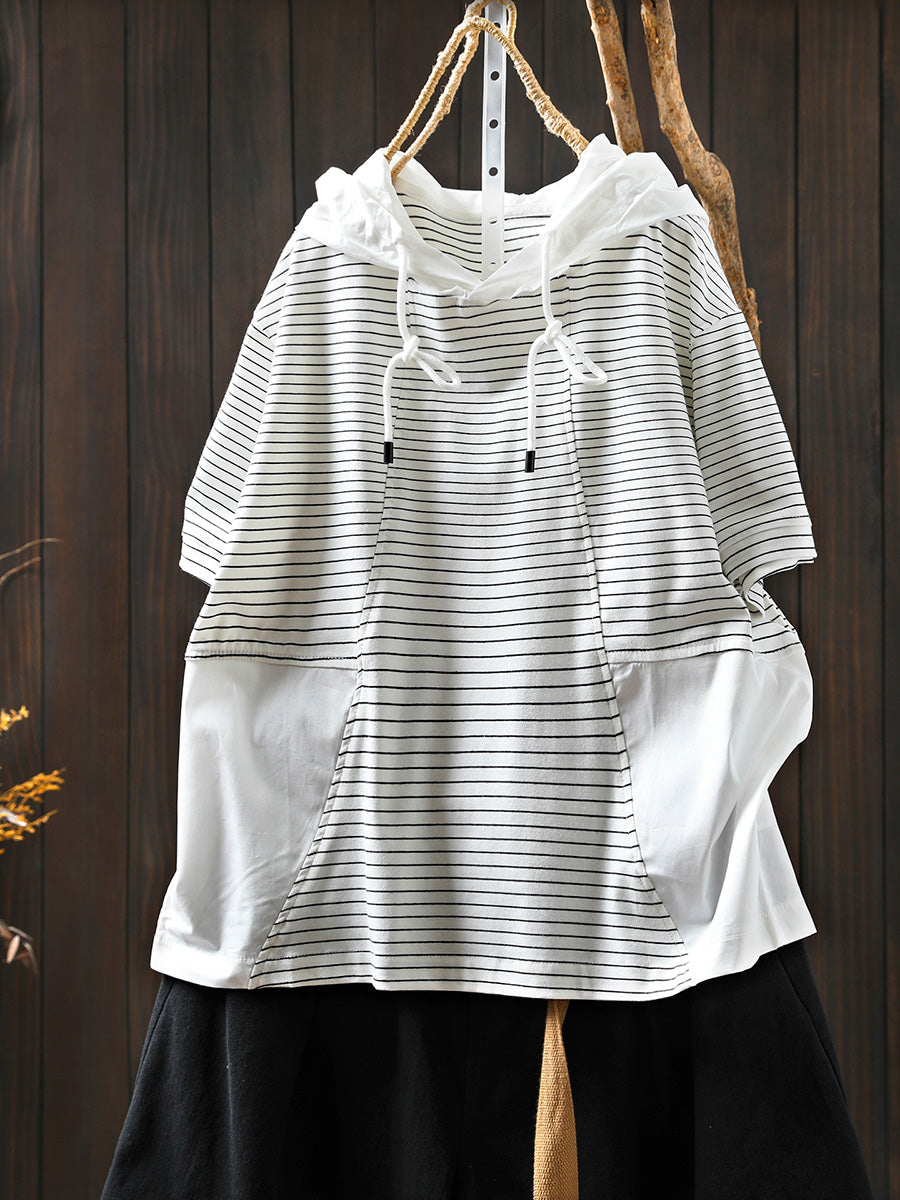 Gespleißtes Baumwollhemd Sommer mit Kapuze Streifen Casual Damen 