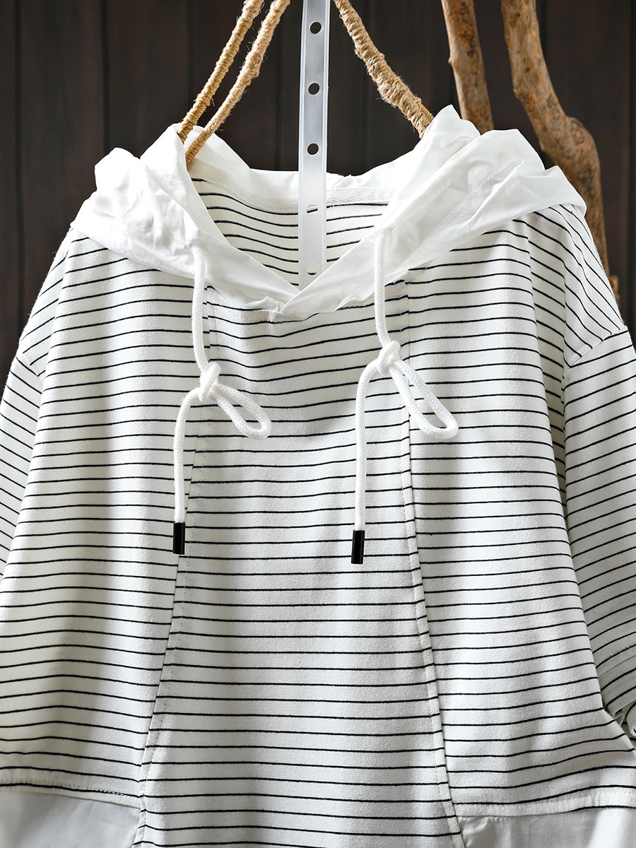 Gespleißtes Baumwollhemd Sommer mit Kapuze Streifen Casual Damen 