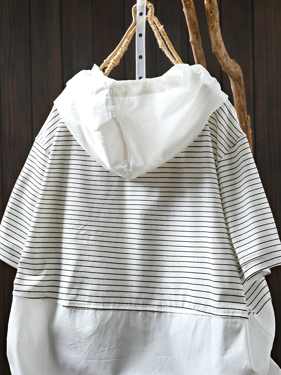 Gespleißtes Baumwollhemd Sommer mit Kapuze Streifen Casual Damen 