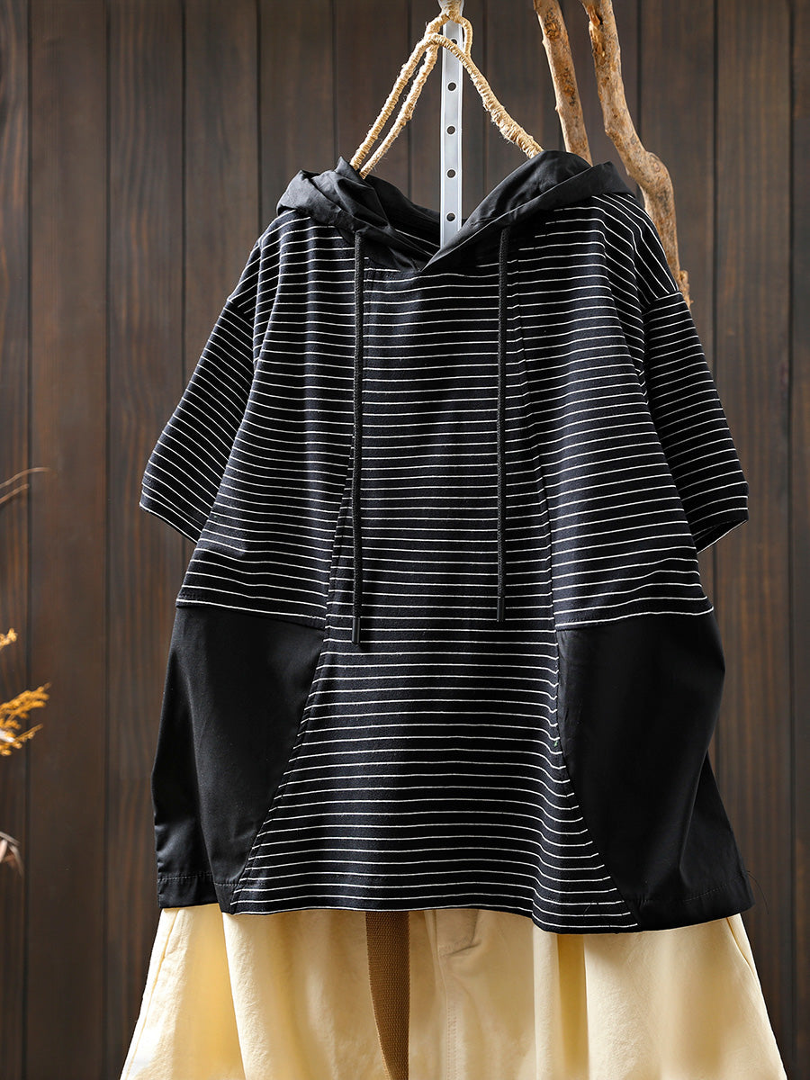 Gespleißtes Baumwollhemd Sommer mit Kapuze Streifen Casual Damen 