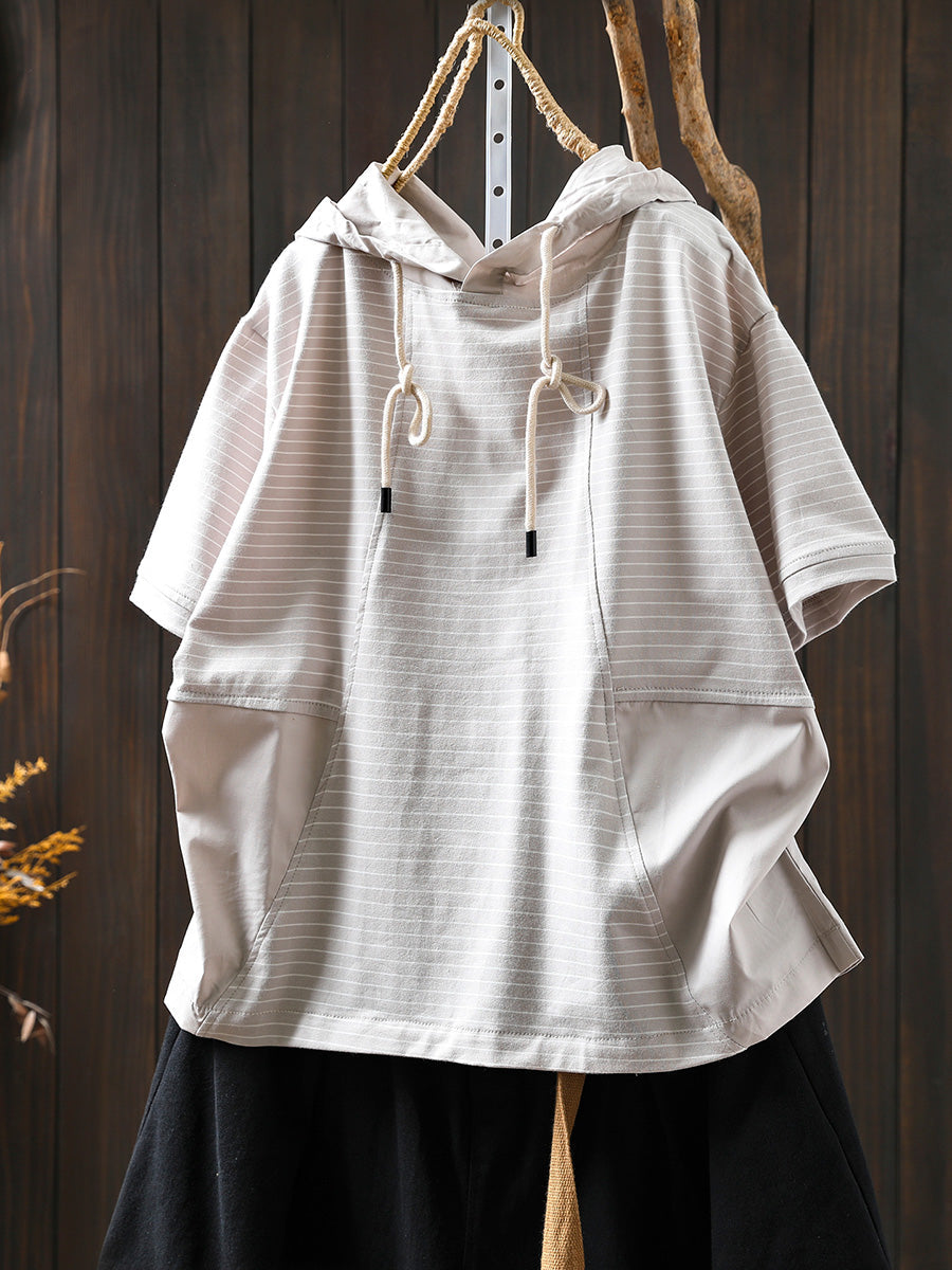Gespleißtes Baumwollhemd Sommer mit Kapuze Streifen Casual Damen 