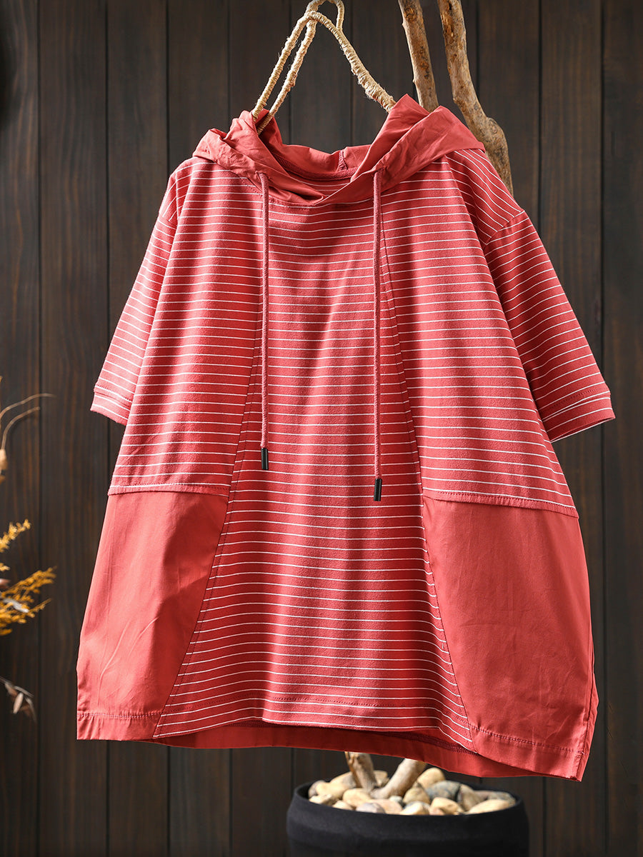 Gespleißtes Baumwollhemd Sommer mit Kapuze Streifen Casual Damen 