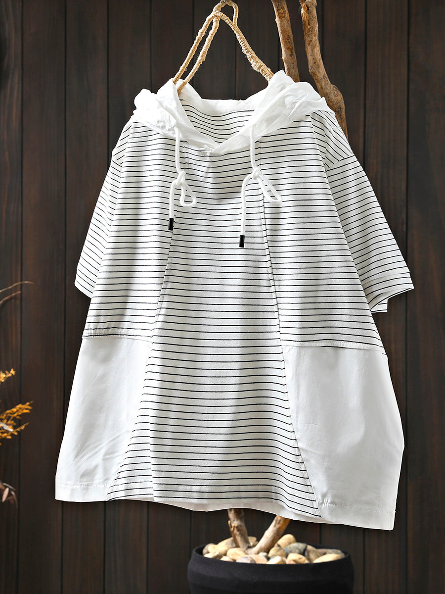 Gespleißtes Baumwollhemd Sommer mit Kapuze Streifen Casual Damen 