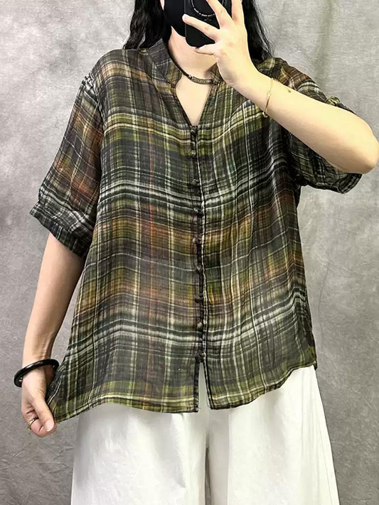 Chemise rétro femme été col V à carreaux ramie