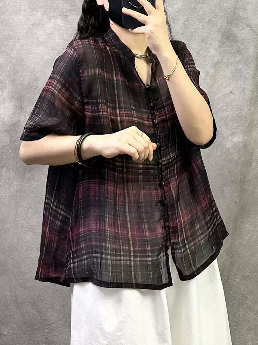 Retro Shirt Damen Sommer V-Ausschnitt Plaid Ramie