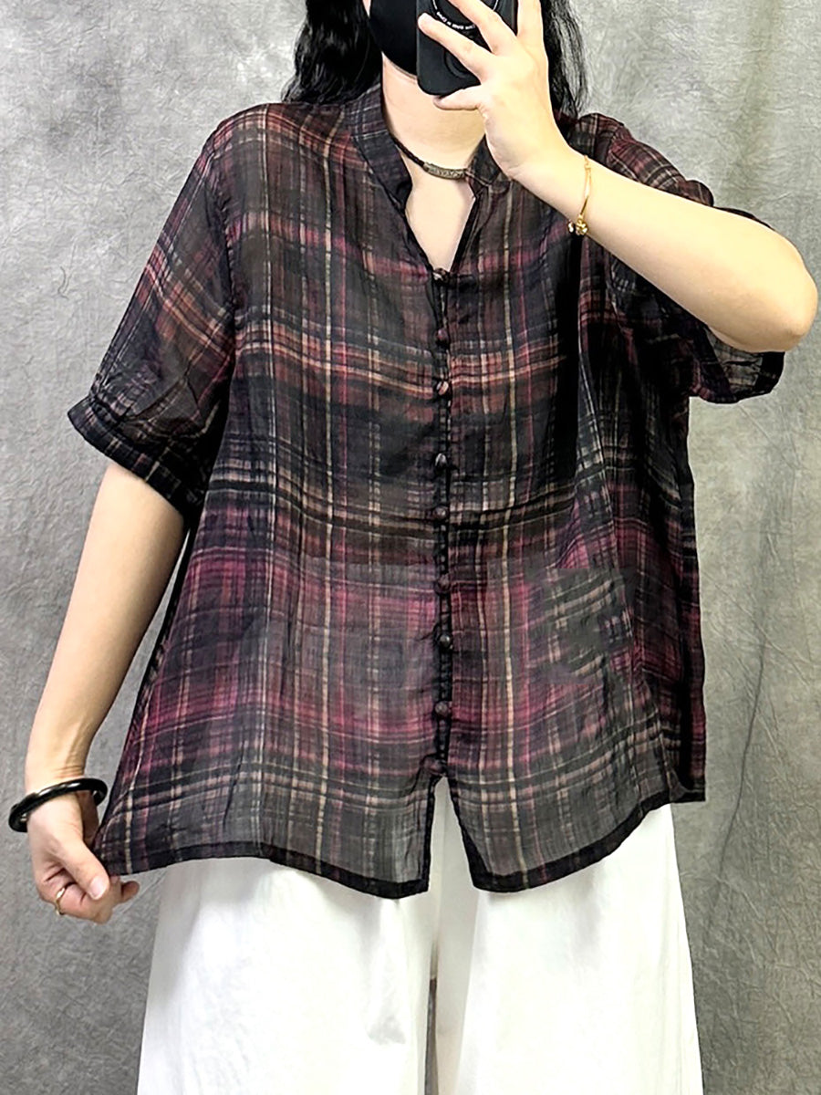 Retro Shirt Damen Sommer V-Ausschnitt Plaid Ramie