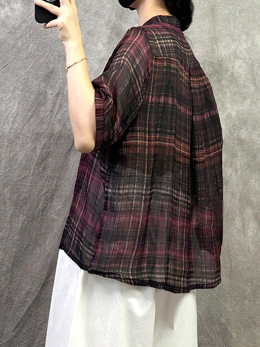 Retro Shirt Damen Sommer V-Ausschnitt Plaid Ramie